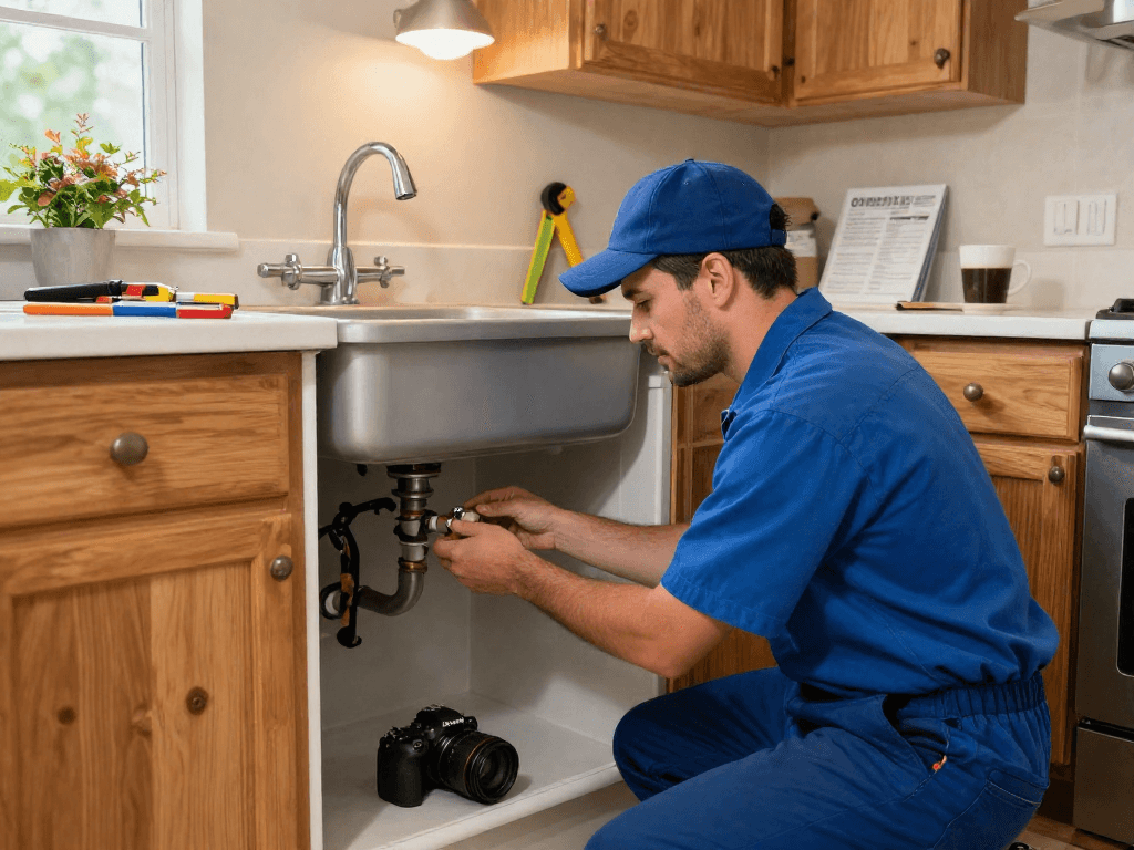 Plumber Fort Worth inspecting a kitchen sink with tools in a cozy home.