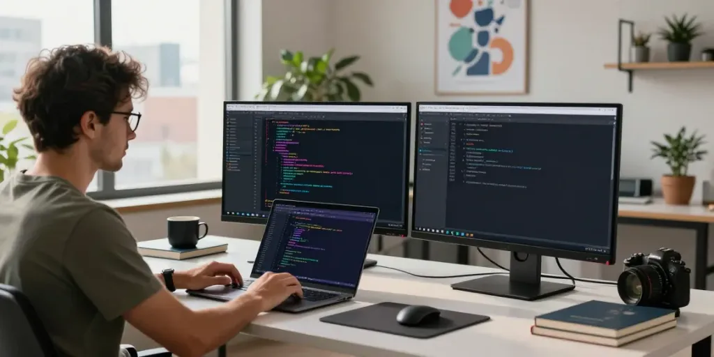 Software developer coding in a modern workspace emphasizing instant indexing.