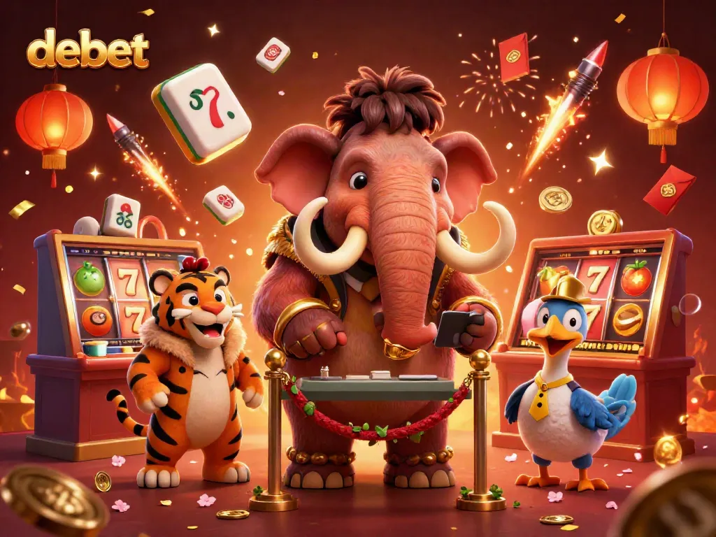 Experience thrilling slots with debet in a vibrant casino scene featuring charismatic characters.