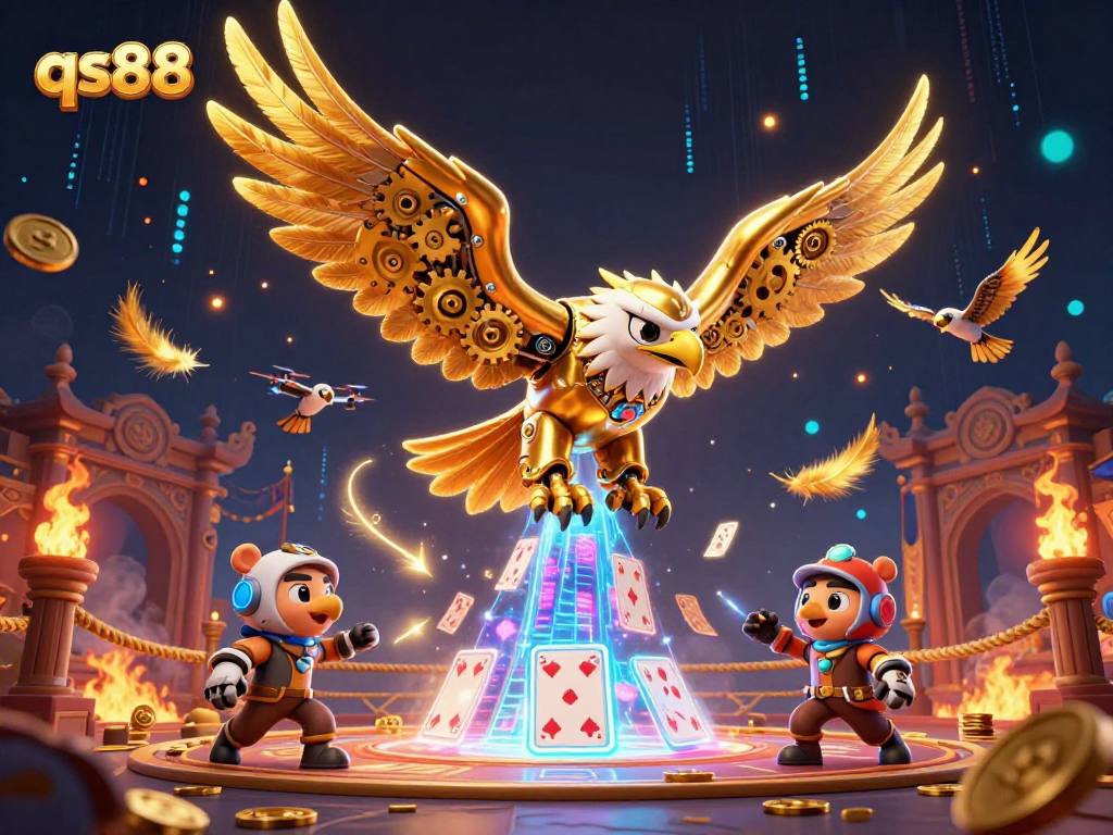 Experience excitement at qs88 with a majestic golden eagle soaring through a vibrant world of casino gaming.