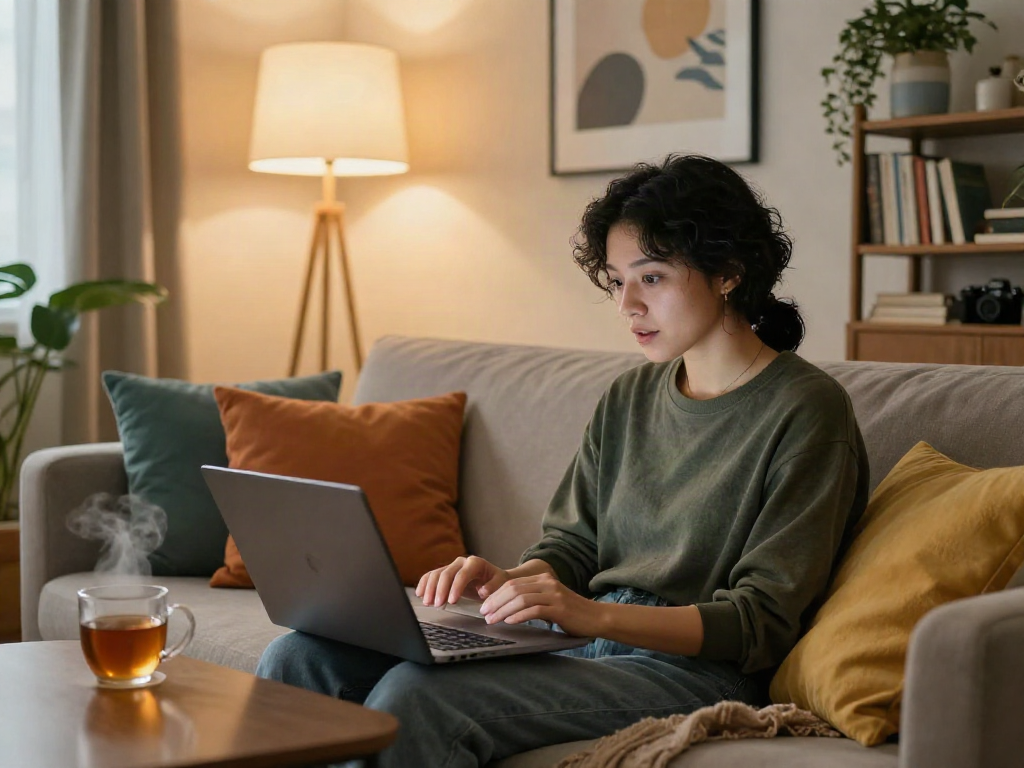 Engaging in a cozy sexchat session in a modern living room setting.