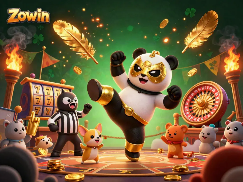 Zowin delivers thrilling casino action with a panda wrestler and chihuahua referee in a lively arena.