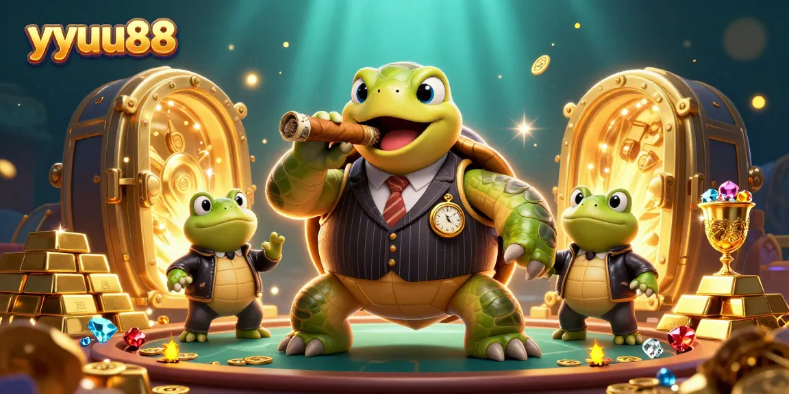 Experience thrilling wins with yyuu88 at an exciting casino scene featuring a turtle in a suit.