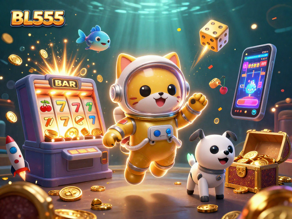 Join the exciting games at BL555 with this vibrant 3D illustration featuring a jackpot slot explosion.