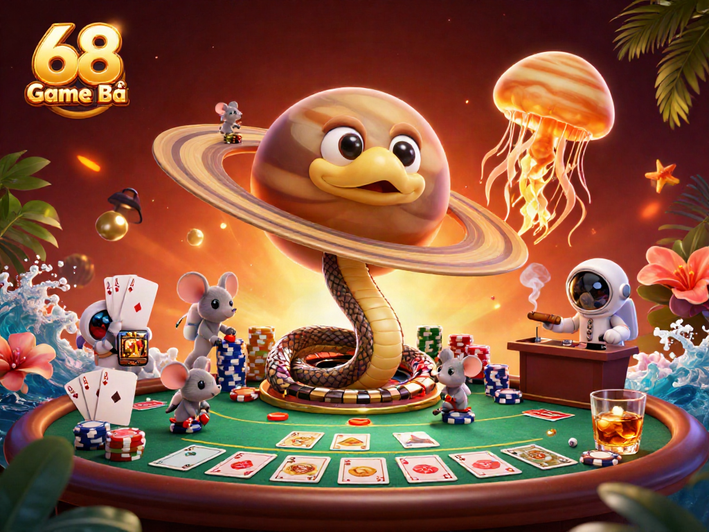 Experience the thrill of 68 Game Bài with cosmic elements and poker action in a vivid scene.