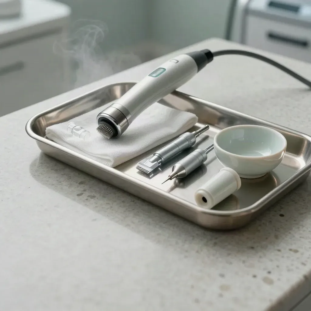 Stainless treatment tray with skin clinic tools, ampoules, gauze and misty rim light.