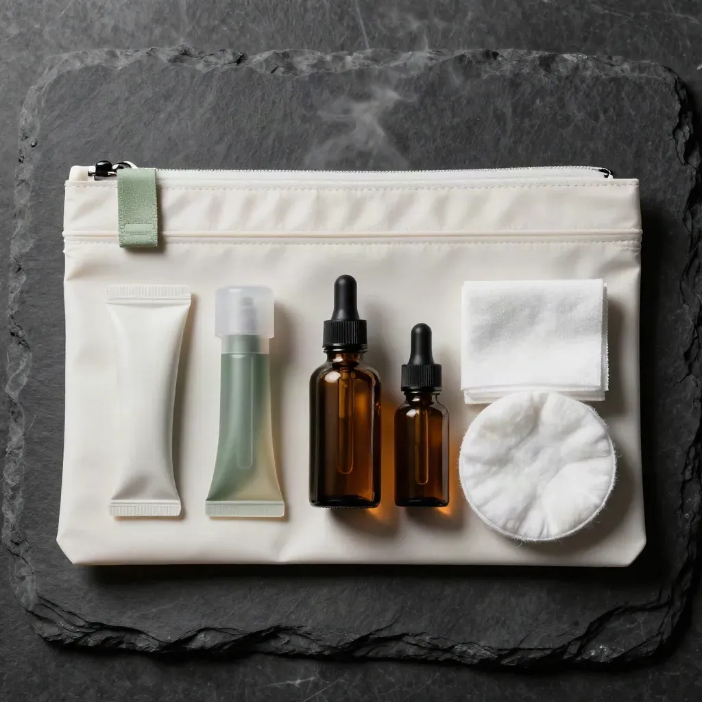 Top-down flatlay of a recovery pouch with gel tube, gauze, dropper bottle and cotton pads