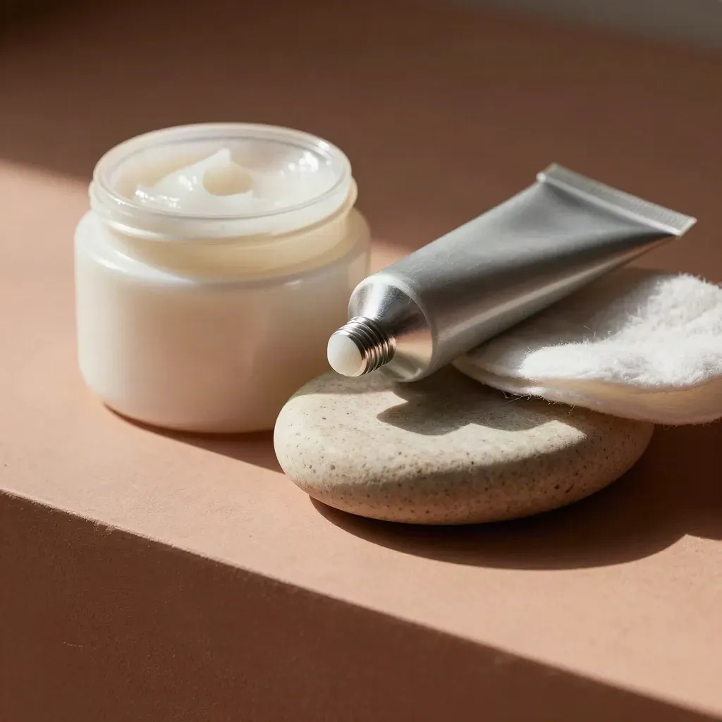 Macro still life of balm jar, zinc ointment tube, cotton rounds and a cooling stone on pale terracotta stone.