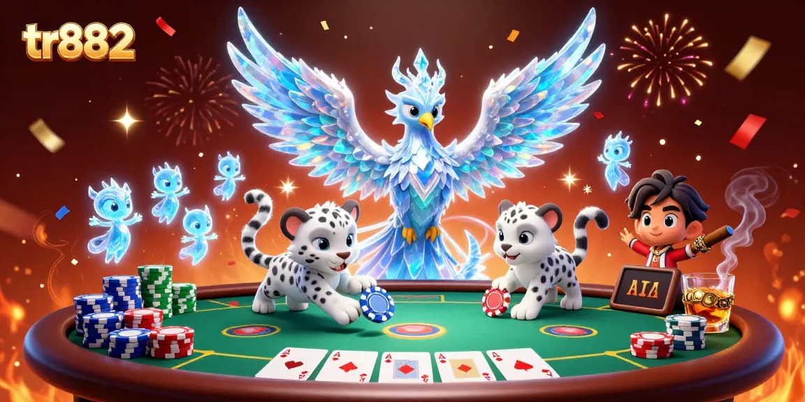 Experience the excitement at tr882 with a vibrant 3D casino illustration featuring unique characters and gaming elements.