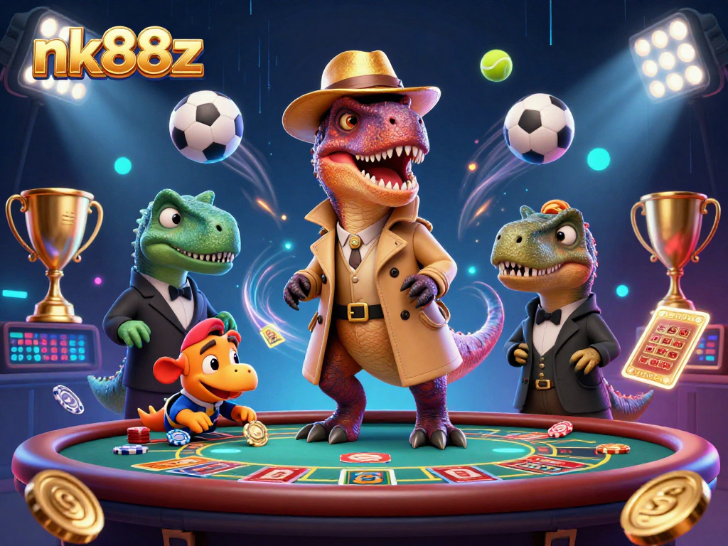 Engage in exciting gameplay with nk88z at a vibrant casino scene featuring a velociraptor card counter.