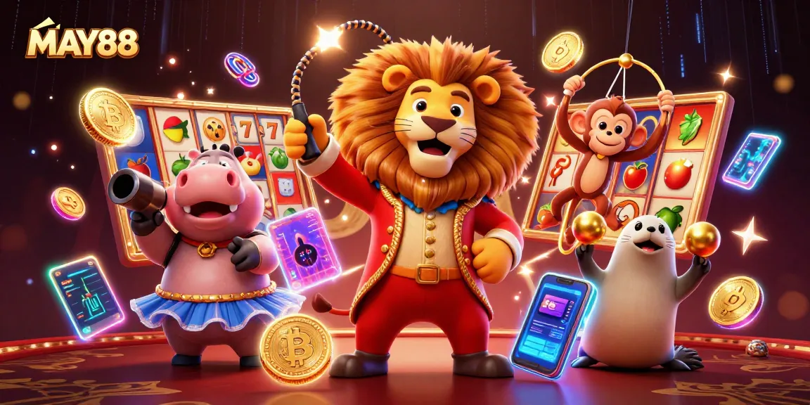 Spin the reels at MAY88 with 3D circus characters in a vibrant casino vibe.