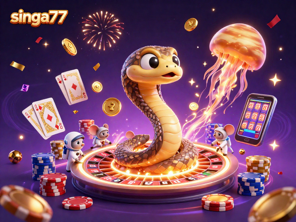 Experience thrilling bets with singa77's cosmic theme, featuring a roulette wheel and vibrant game elements.