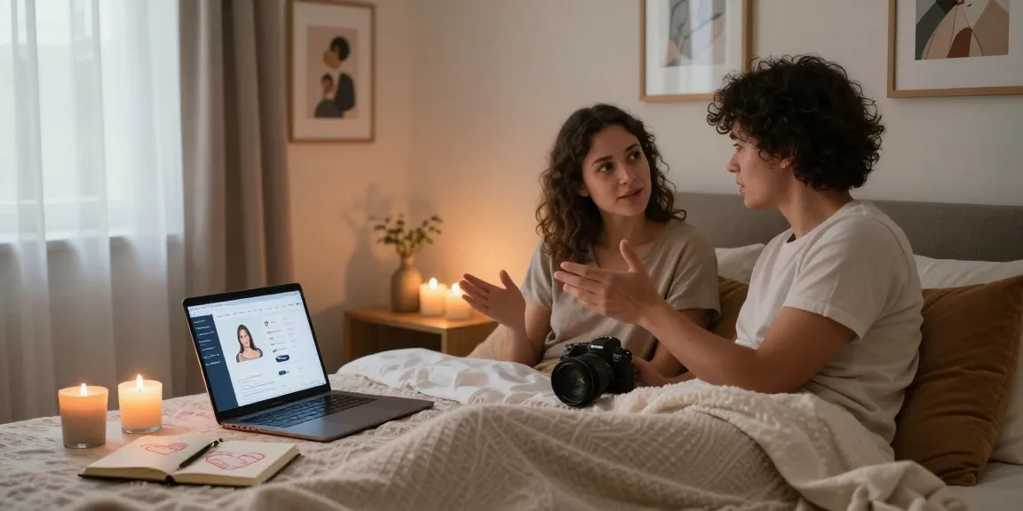 Couple exploring sex AI in a cozy modern bedroom setting, creating intimacy.