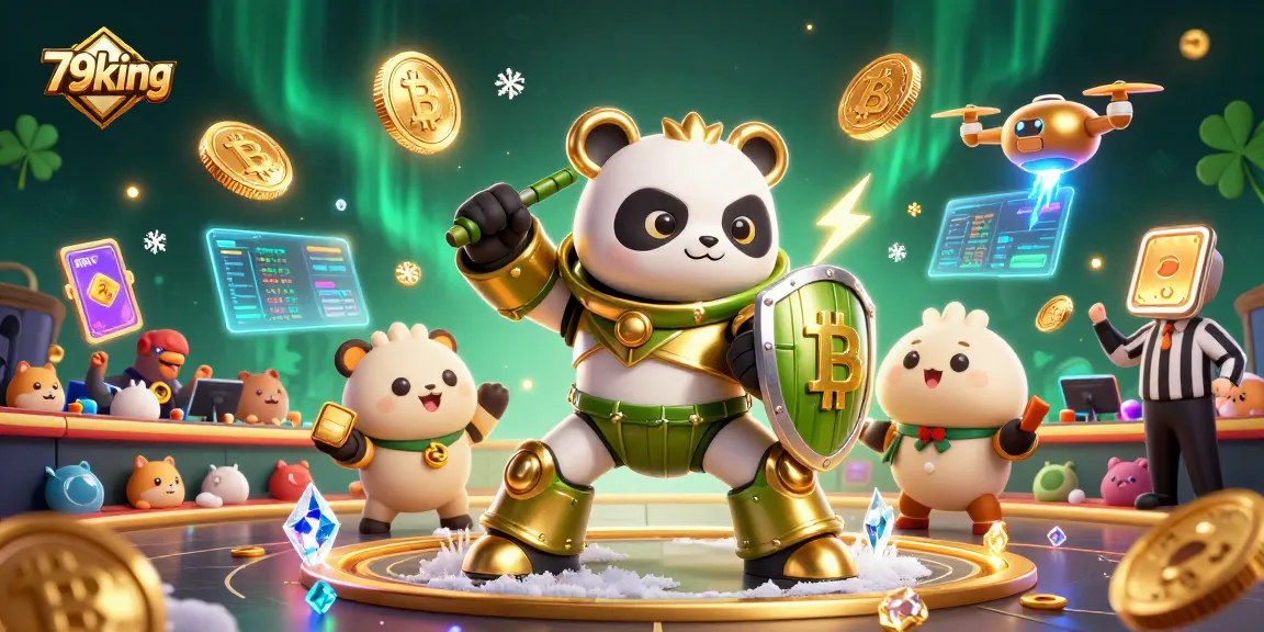 Engage with 79king in an electrifying casino scene featuring vibrant cartoon characters and crypto elements.