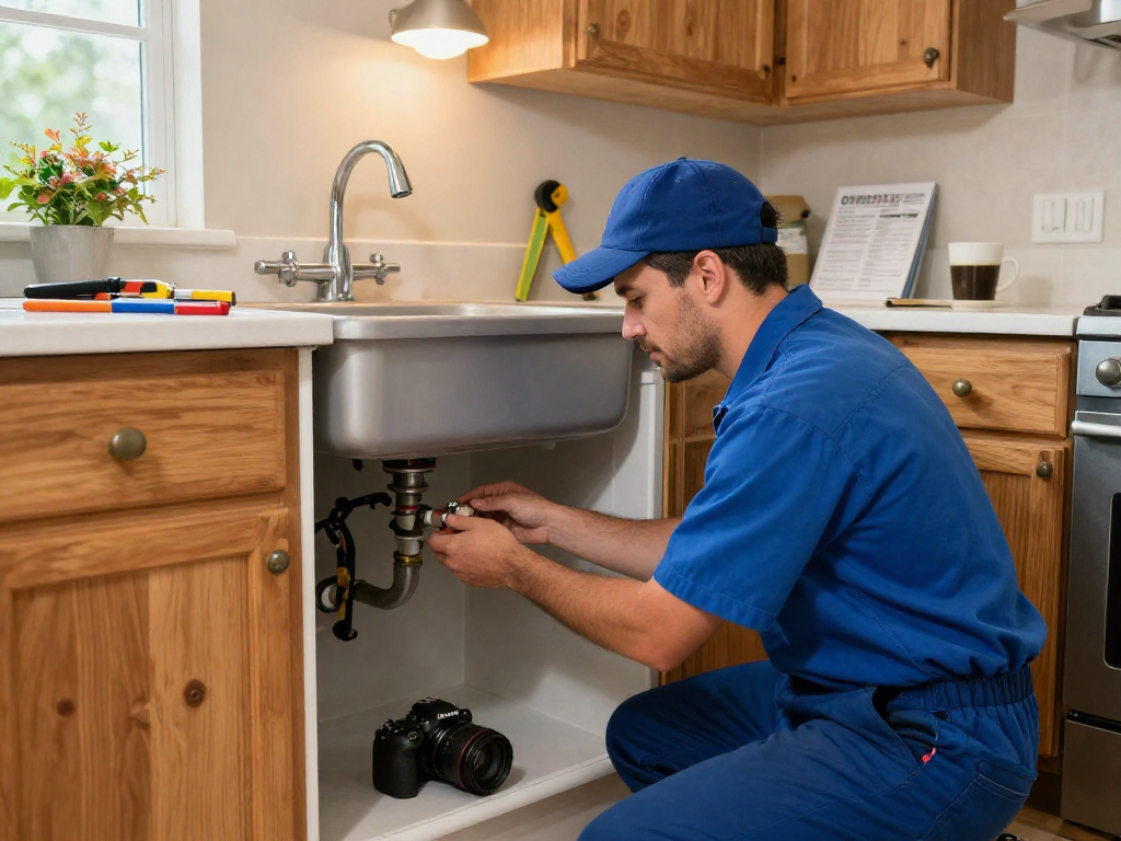 Plumber Fort Worth inspecting a kitchen sink with tools in a cozy home.