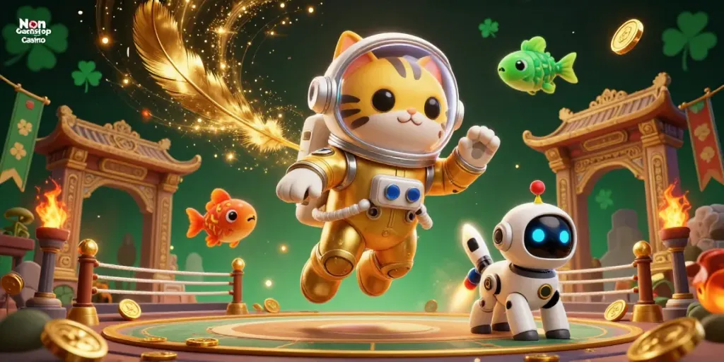 Experience exciting gameplay at Non Gamstop Casino with a vibrant 3D cosmic illustration featuring engaging characters and casino elements.