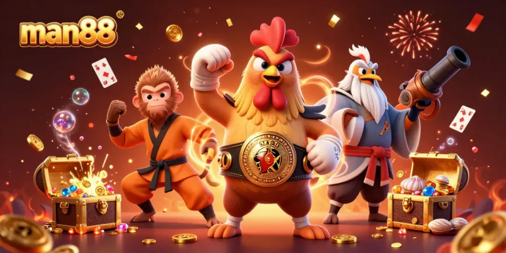 Experience man88's vibrant gaming scene with a Muay Thai rooster, Shaolin monkey, and wise crane amidst treasures and celebration.