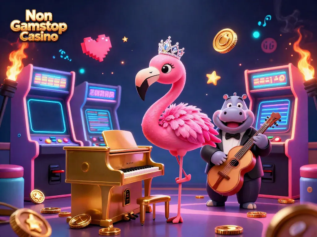 Enjoying vibrant games at a Non Gamstop Casino with a flamingo singer and hippo bassist.