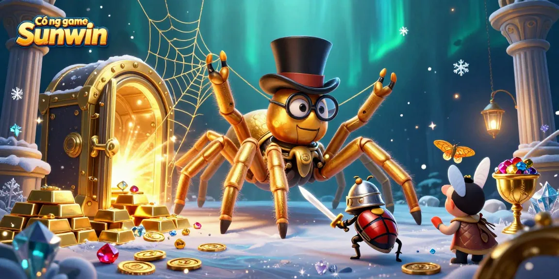 Experience Cổng game Sunwin's vibrant scene with a golden tarantula, beetle knight, and treasure elements