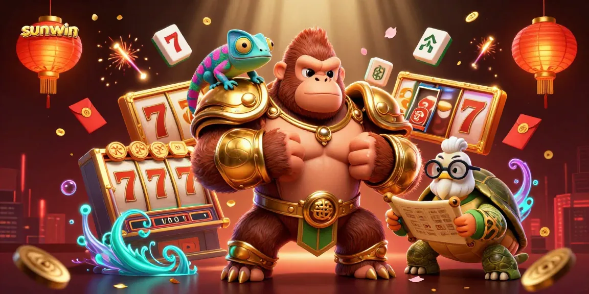 Experience thrilling wins with sunwin's dynamic gaming elements and vibrant characters in this 3D illustration.
