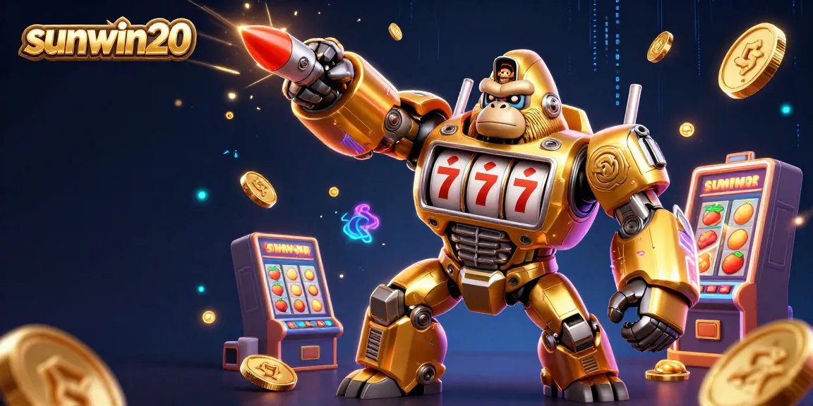 Experience thrilling slots action with sunwin20 in an ultra-detailed 3D casino scene featuring a golden gorilla mech.