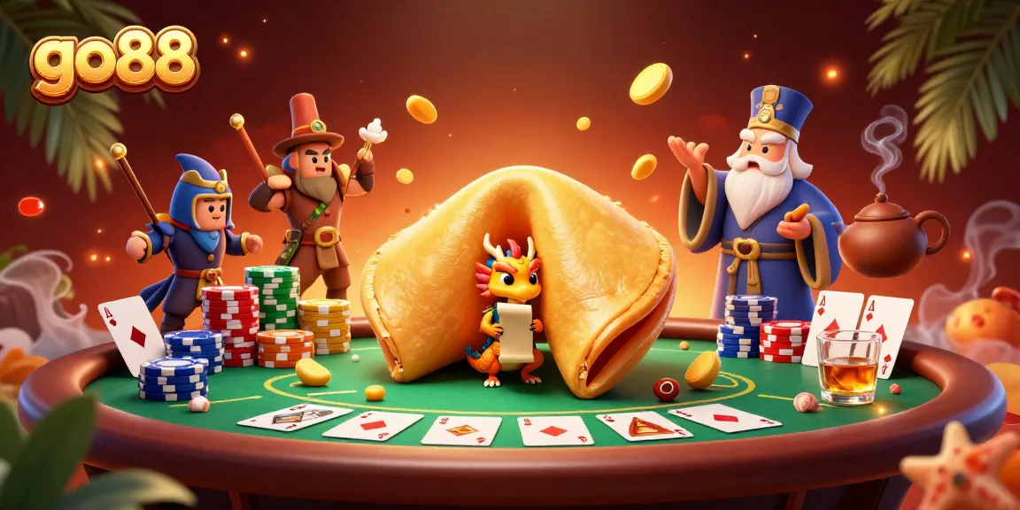 Experience exciting betting at go88 with a dramatic poker scene featuring a fortune cookie and dragon.