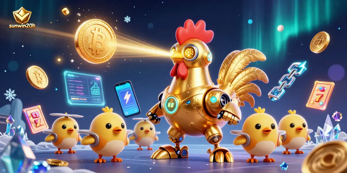 Engage with the vibrant casino world of sunwin20b featuring a golden robot and crypto elements.